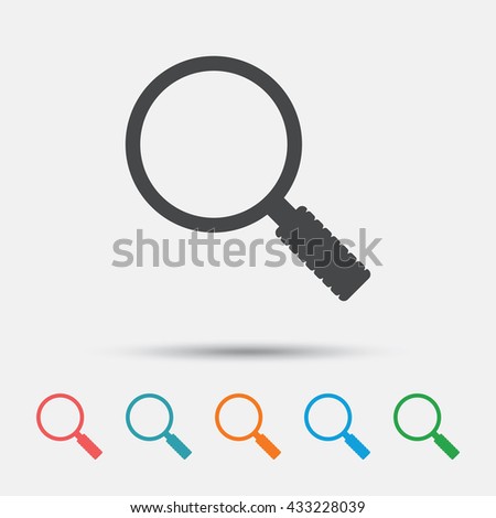Magnifier glass sign icon. Zoom tool button. Navigation search symbol. Graphic element on white background. Colour clean flat search icons. Vector