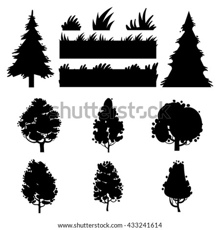 Black trees and grass vector silhouettes on white background