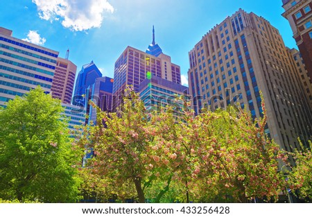 Penn Center and skyline with skyscrapers in Philadelphia, Pennsylvania, USA. It is a central business district in Philadelphia