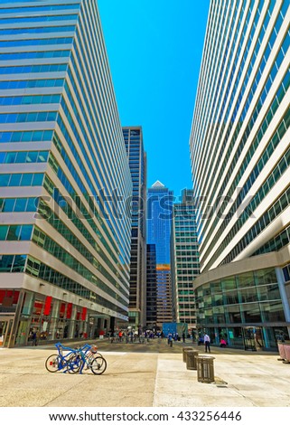 Street view on Penn Center and skyline of skyscrapers in Philadelphia, Pennsylvania, the USA. It is a central business district in Philadelphia. Tourists in the street.