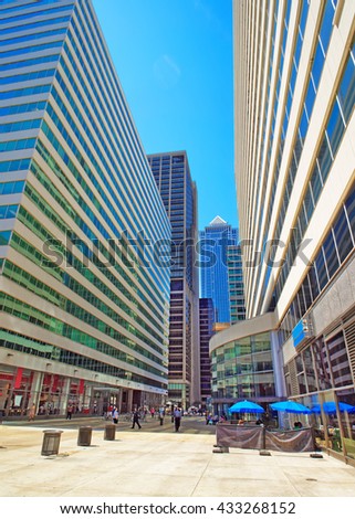Square in Penn Center and skyline with skyscrapers in Philadelphia, Pennsylvania, USA. It is a central business district in Philadelphia. Tourists on the square