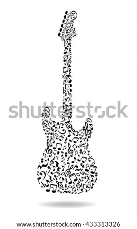 Music notes guitar. Electric guitar made of music notes. Black notes pattern. Black and white design. Guitar shape. Poster idea.