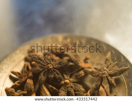 Spices. Anise stars photo. Intentionally blurred lens focus effect.