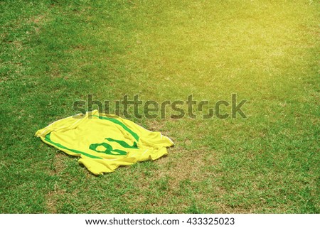 Yellow shirt ball with screen eighteen number on sunshine soccer field background.