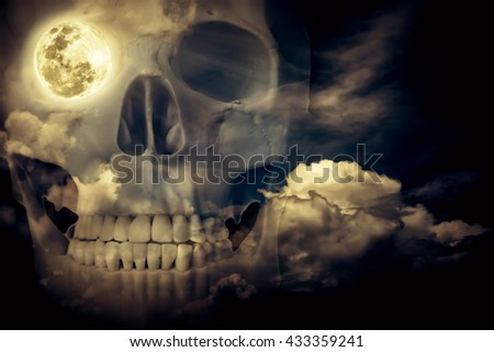 Halloween horror night background. Double exposure portrait of human skull combined sky with clouds. Full moon on right eye socket. Vintage picture style.