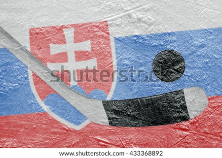 Image of the Slovak flag and hockey puck with the stick on the ice. Concept