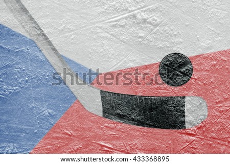 The image of the Czech flag and hockey puck with the stick on the ice. Concept
