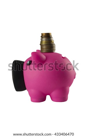 Pink piggy bank with coins on white a background.