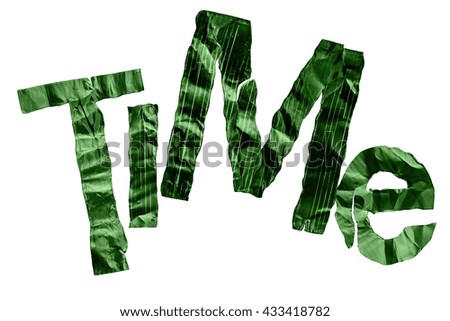 The word "time" from metal letters on a white background