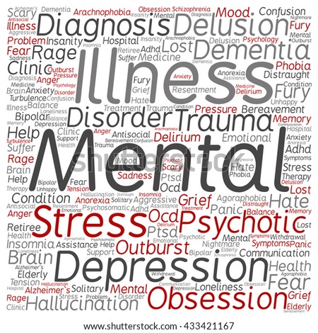 Concept conceptual mental illness disorder management or therapy square word cloud isolated on background, metaphor to health, trauma, psychology, help, problem, treatment or rehabilitation