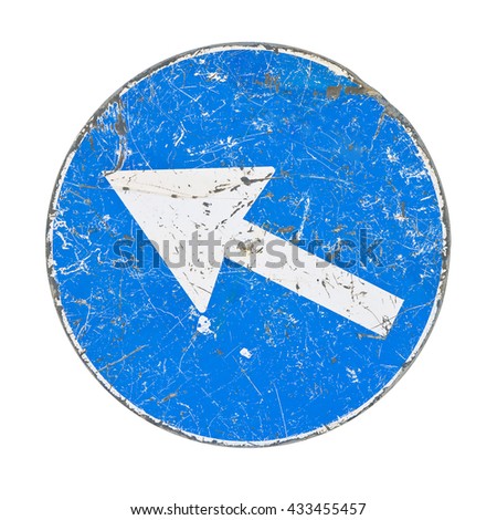 Old road sign with white arrow on blue background