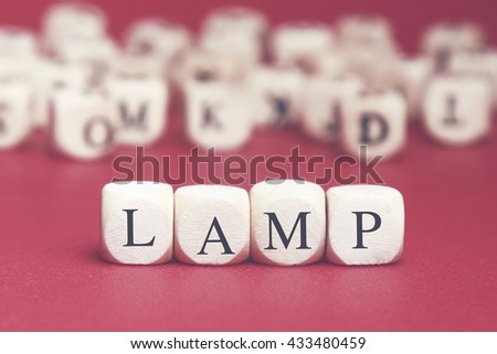 Lamp word written on wood cube with red background
