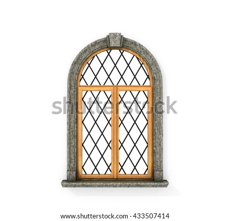 Ancient wooden window. Castle window isolated on a white background. 3d illustration