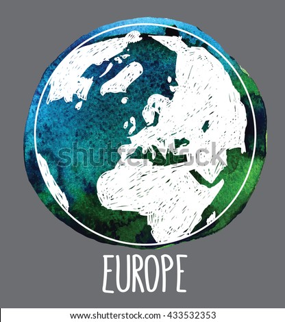 Europe. Earth and continents . Vector drawing on watercolor background staining.
