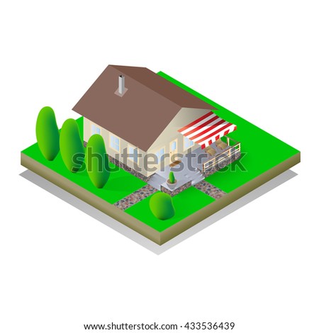 Isometric  house with green grass and trees.
 Private house real estate. Vector illustration
