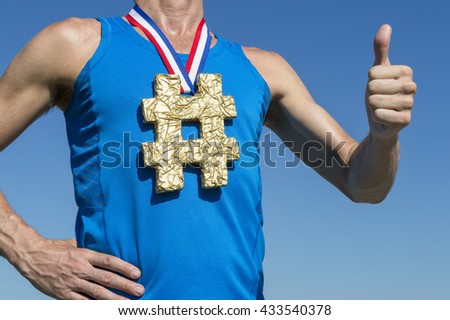 American athlete with gold medal hashtag giving thumbs up against bright blue sky