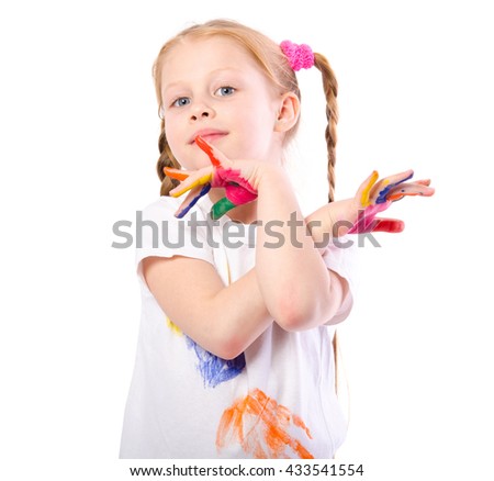 Funny girl with hands painted in colorful paint  isolated on white background