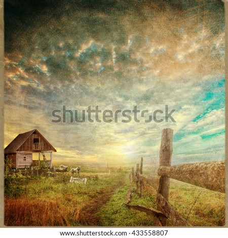 landscape with country road and old fence - retro style picture