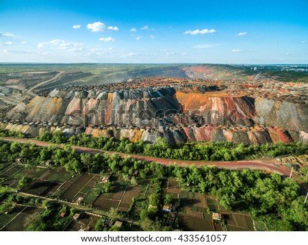 beautiful landscape with multicolored rock dumps from quarries, aerial photo