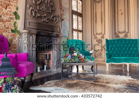 Luxury old custle interior. Large hall with columnes. beautiful furniture stylized baroque style