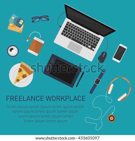 Freelance workplace flat design. Gadget elements flat lay. Vector set of technology items. Vector background.