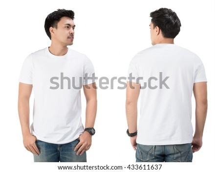 White t shirt on a young man template on white background. Royalty-Free Stock Photo #433611637