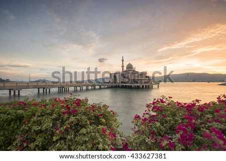 An evening view at the Floating Mosque,Penang Port, Seberang Perai, Malaysia. Blurry of the flowers effect of long exposure and winds.
