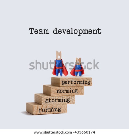 Team development stages. Teamwork concept image with superhero characters on top of the wooden staircase. Words: physiological, safety, love belonging, esteem, self-actualization.  White background. Royalty-Free Stock Photo #433660174