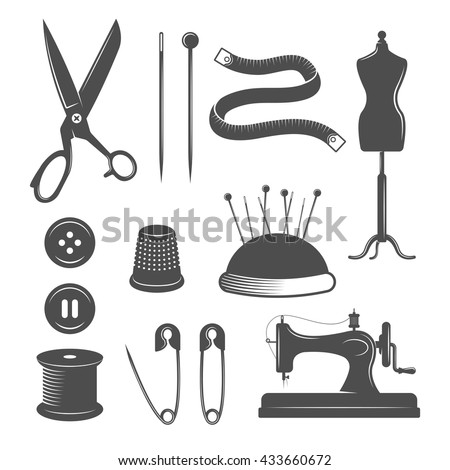 Black isolated tailor icon set with set tools for sewing on white background vector illustration
