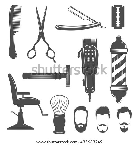 Barber icon set with hairdresser work tools and mens hairstyles isolated and black on white background vector illustration