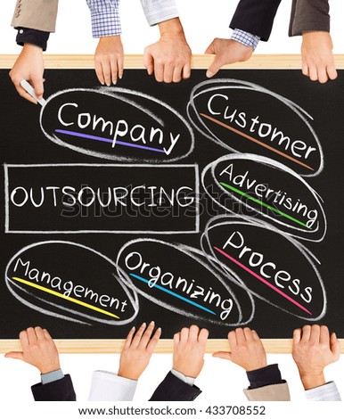 Photo of business hands holding blackboard and writing OUTSOURCING concept