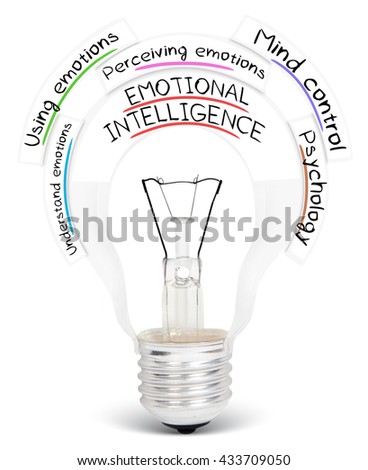 Photo of light bulb with EMOTIONAL INTELLIGENCE conceptual words isolated on white