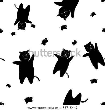 Cats Seamless Pattern. The pattern of black cats with butterflies on a white background. A simple illustration