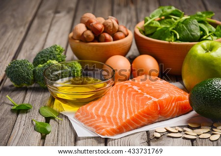 Selection of healthy products, balanced diet concept, selective focus Royalty-Free Stock Photo #433731769