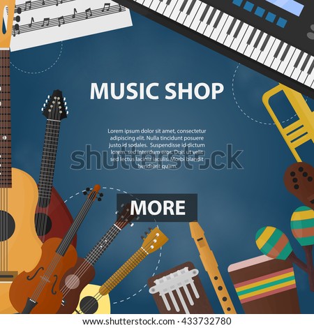 Vector flat banner of music shop for website and apps. Business concept poster of music. Set of musical instruments.