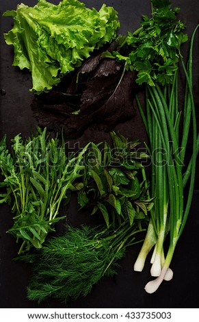 Variety fresh organic herbs (lettuce, arugula, dill, mint, red lettuce and onion) on black background in rustic style. Top view