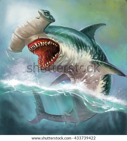 Hammerhead shark Sphyrna n the background of sea waves. Realistic illustration.