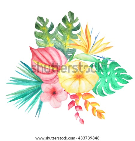 Set of Watercolor hand painted tropical flowers, leaves and plants. Bright jungle exotic clip art perfect for summer wedding invitation and party card making