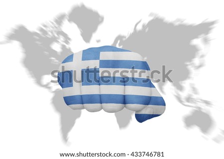 fist with the national flag of greece on a world map background