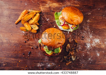 double hamburgers with grilled steak potato and onion jam