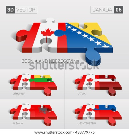 Canada and Bosnia and Herzegovina, Lithuania, Latvia, Albania, Liechtenstein Flag. 3d vector puzzle. Set 06.