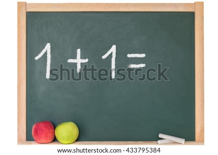 One plus one written on a blackboard