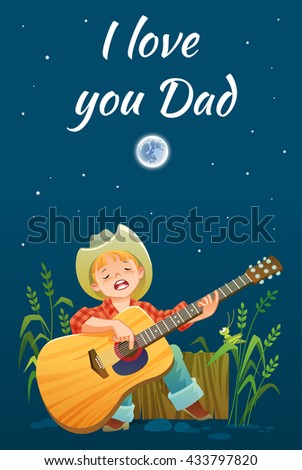 Father's Day celebrations poster. Child playing guitar. Vector illustration