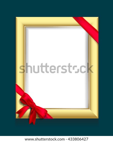 wooden photo frame with red ribbon and bow. Vector illustration