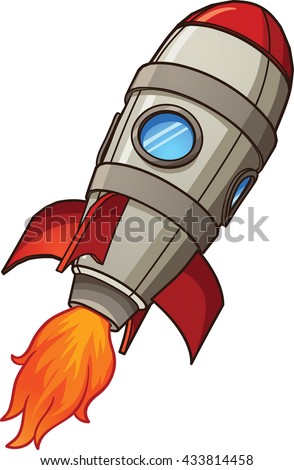 Cartoon retro space rocket. Vector clip art illustration with simple gradients. Rocket and fire on separate layers.