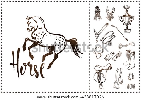 calligraphy and hand-drawn horse logo. isolated vector. icon equipment and awards. Design equestrian competitions and exhibitions. Equestrian Club