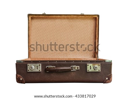 Open vintage brown suitcase on white background Royalty-Free Stock Photo #433817029