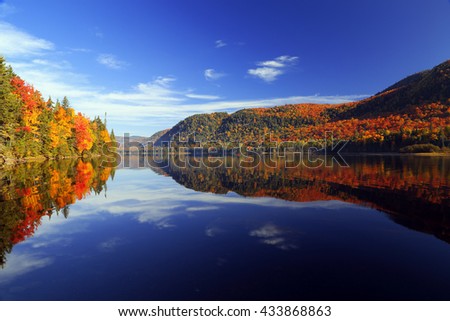 Autumn forest reflected in water. Colorful autumn morning in the mountains. Colourful autumn morning in mountain lake. Colorful autumn landscape. Parc national Mont Tremblant. Quebec. Autumn in Canada