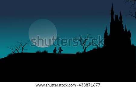 Castle and witch Halloween scary with blue sky