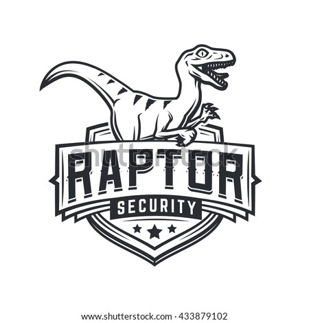 Raptor sport logo mascot design. Vintage college team coat of arms. Military Dino vector logotype template.  Airsoft squad t-shirt illustration concept